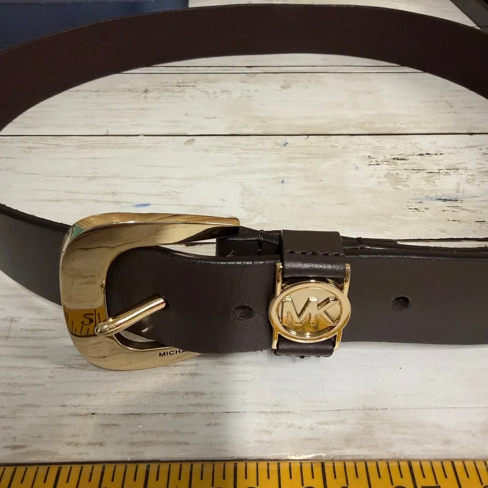 Michael Kors Belt Women Large Brown Genuine Leather Gold MK Logo Buckle Timeless